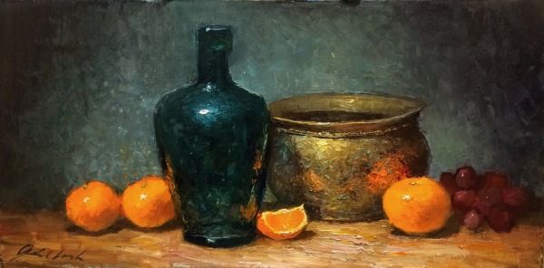 Antique Bottle With Oranges 7x14 at Hunter Wolff Gallery